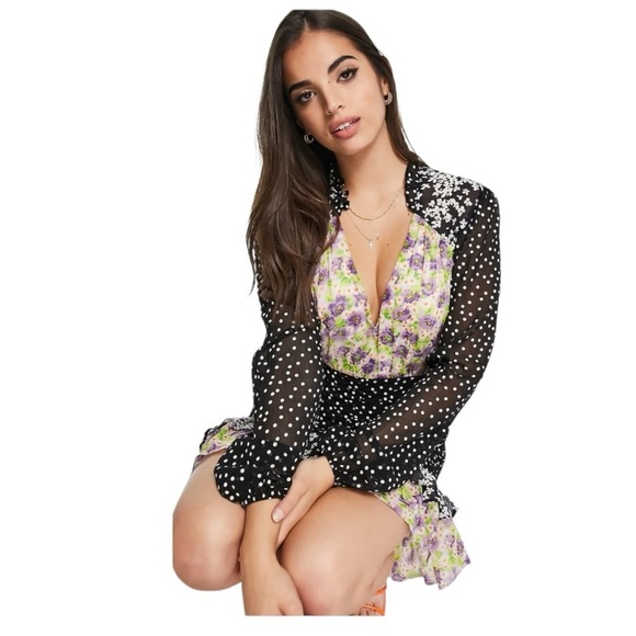 ASOS Floral Print Ruched Long Sleeves Mini Dress Size 2 - Picture 4 of 9